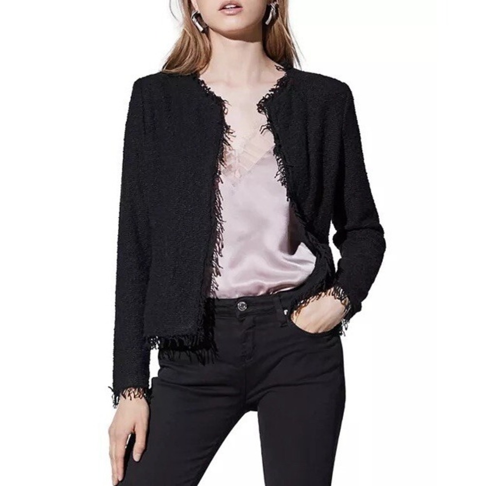 IRO Womens Cotton Fringe Trim Two Pocket Open Front Blazer Jacket Black Size 38
